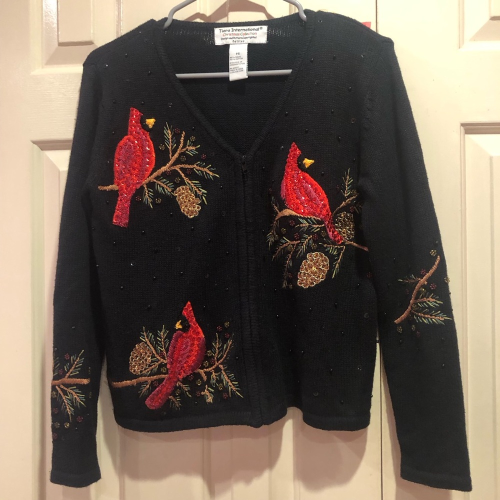 Vintage Tiara Embroidered Sequin Cardinal Black Zip Up Cardigan Size PS